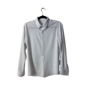 Mens White Long-Sleeve Button-Up Shirt L Hengtuteng Formal Wear Polyester